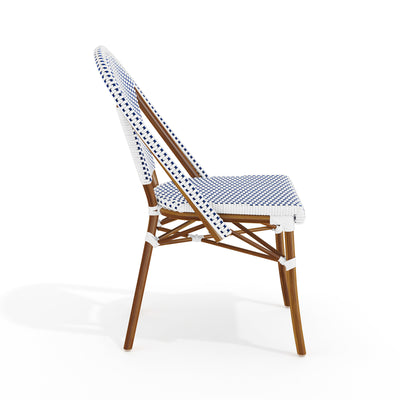 Lily Pond Set of 2 Indoor-Outdoor Stackable Bistro Chairs with Woodgrain Aluminum Finish Frames and Woven Rattan Backs and Seats - View 2