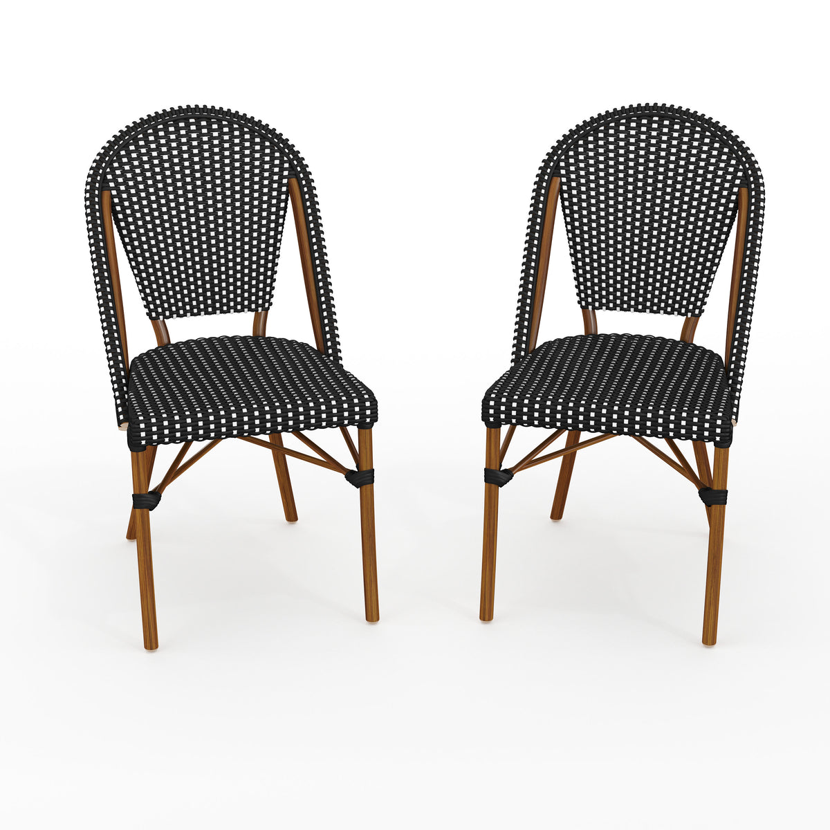 Black & White/Natural Frame |#| 2PK All-Weather Stackable Patio Bistro Dining Chairs - BLK/WHT with NAT Frames