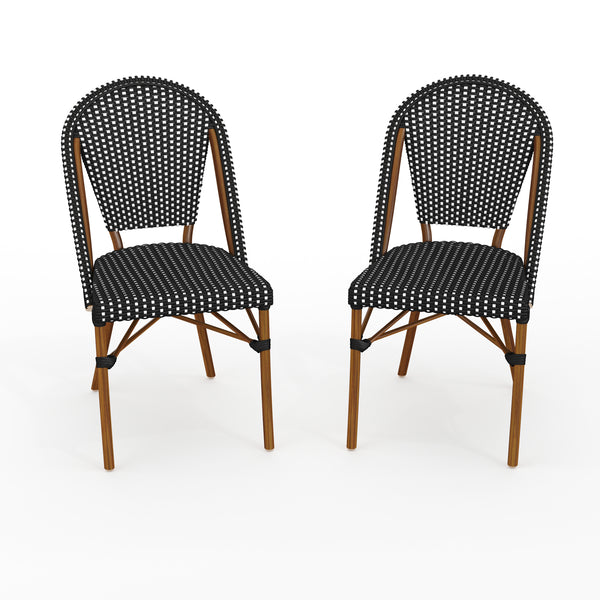 Black & White/Natural Frame |#| 2PK All-Weather Stackable Patio Bistro Dining Chairs - BLK/WHT with NAT Frames