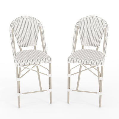 Lily Pond Set of 2 Indoor-Outdoor Stackable Bistro Counter Stools with Woodgrain Aluminum Finish Frames and Woven Rattan Backs and Seats - View 1