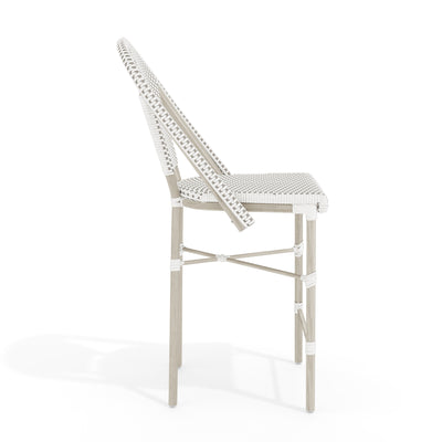 Lily Pond Set of 2 Indoor-Outdoor Stackable Bistro Counter Stools with Woodgrain Aluminum Finish Frames and Woven Rattan Backs and Seats - View 2