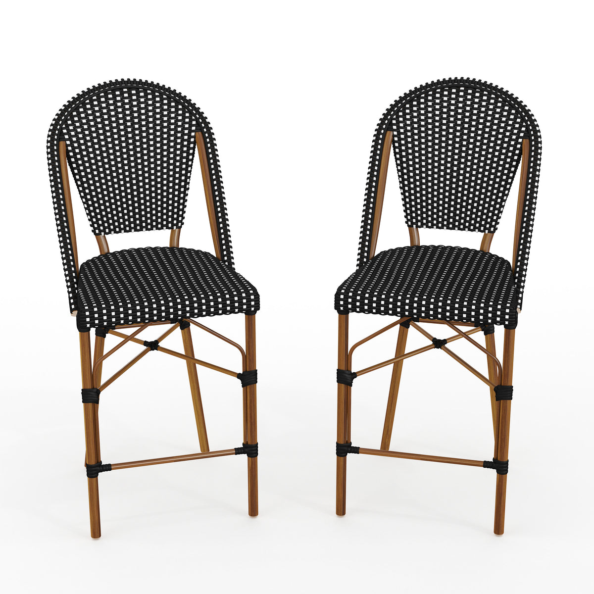 Black & White/Natural Frame |#| 2PK All-Weather Stackable Patio Bistro Counter Stools - BLK/WHT with NAT Frames