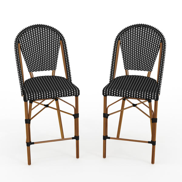 Black & White/Natural Frame |#| 2PK All-Weather Stackable Patio Bistro Counter Stools - BLK/WHT with NAT Frames