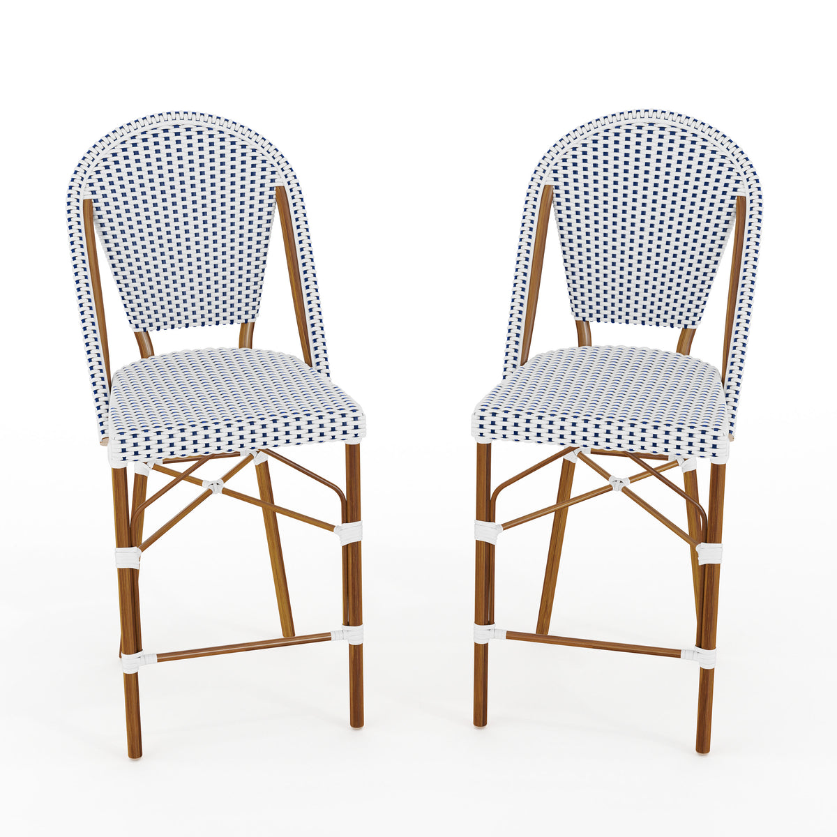 Navy & White/Natural Frame |#| 2PK All-Weather Stackable Patio Bistro Counter Stools - WHT/Navy with NAT Frames