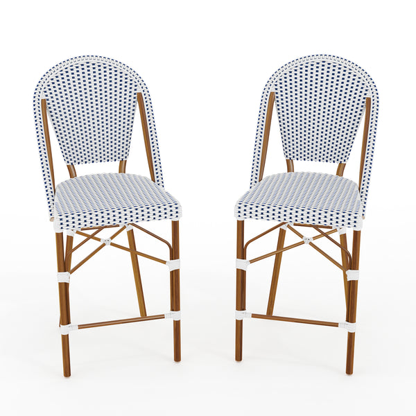 Navy & White/Natural Frame |#| 2PK All-Weather Stackable Patio Bistro Counter Stools - WHT/Navy with NAT Frames