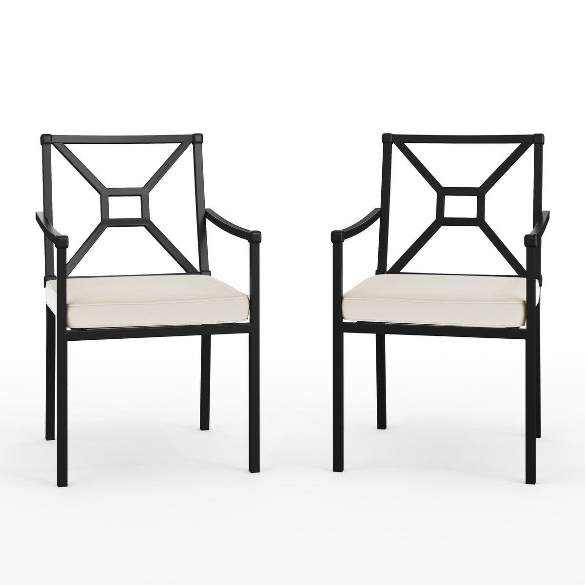 2PK All-Weather Steel Frame Stackable Patio Armchairs in BLK with Cream Cushions