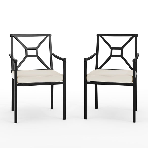 2PK All-Weather Steel Frame Stackable Patio Armchairs in BLK with Cream Cushions