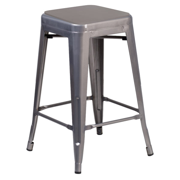 Teak Seat/Clear Coated Frame |#| Indoor Counter Stool with Poly Resin Colorful Seat-Silver AQ Clear Coat/Teak