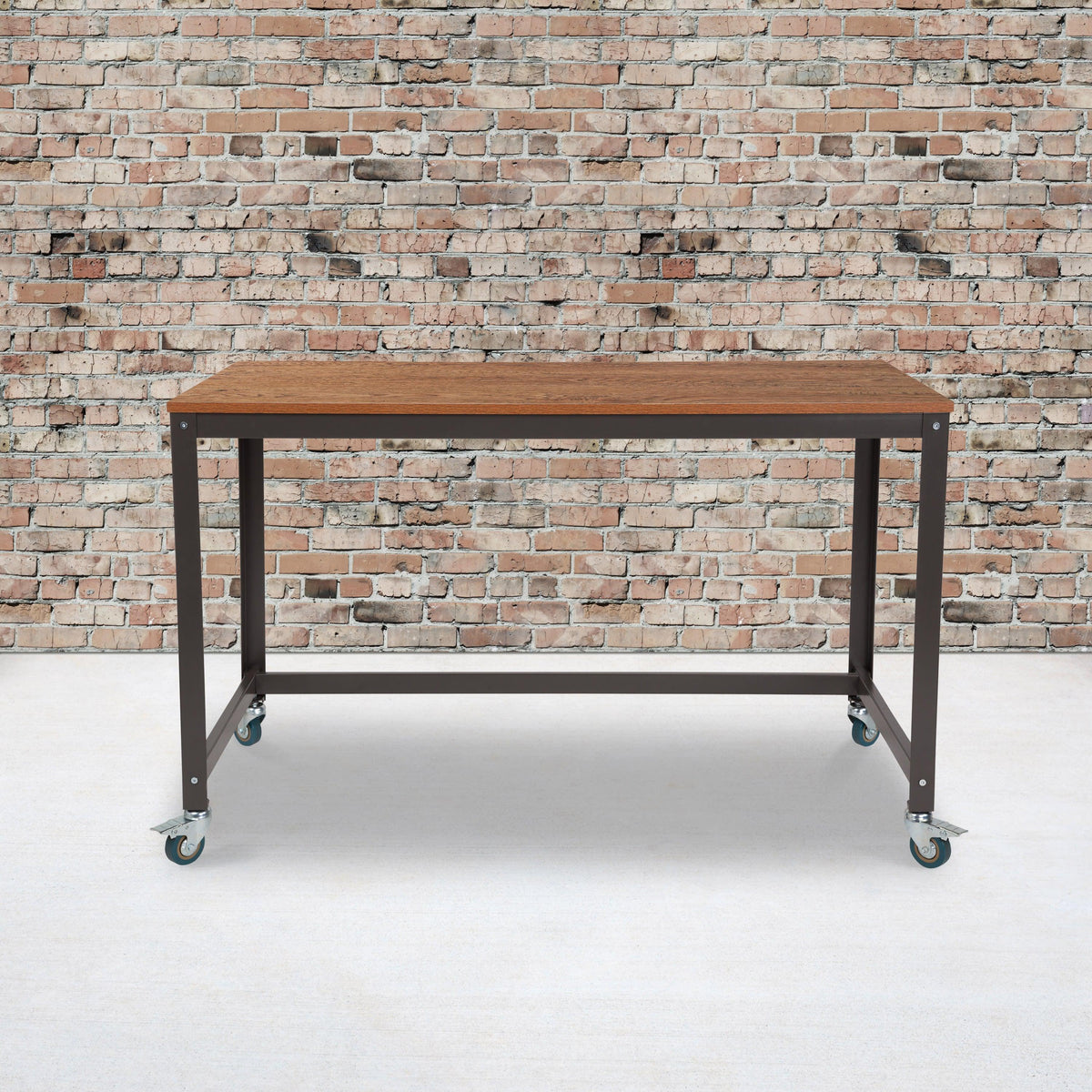 Computer Table and Desk in Brown Oak Wood Grain Finish with Metal Wheels