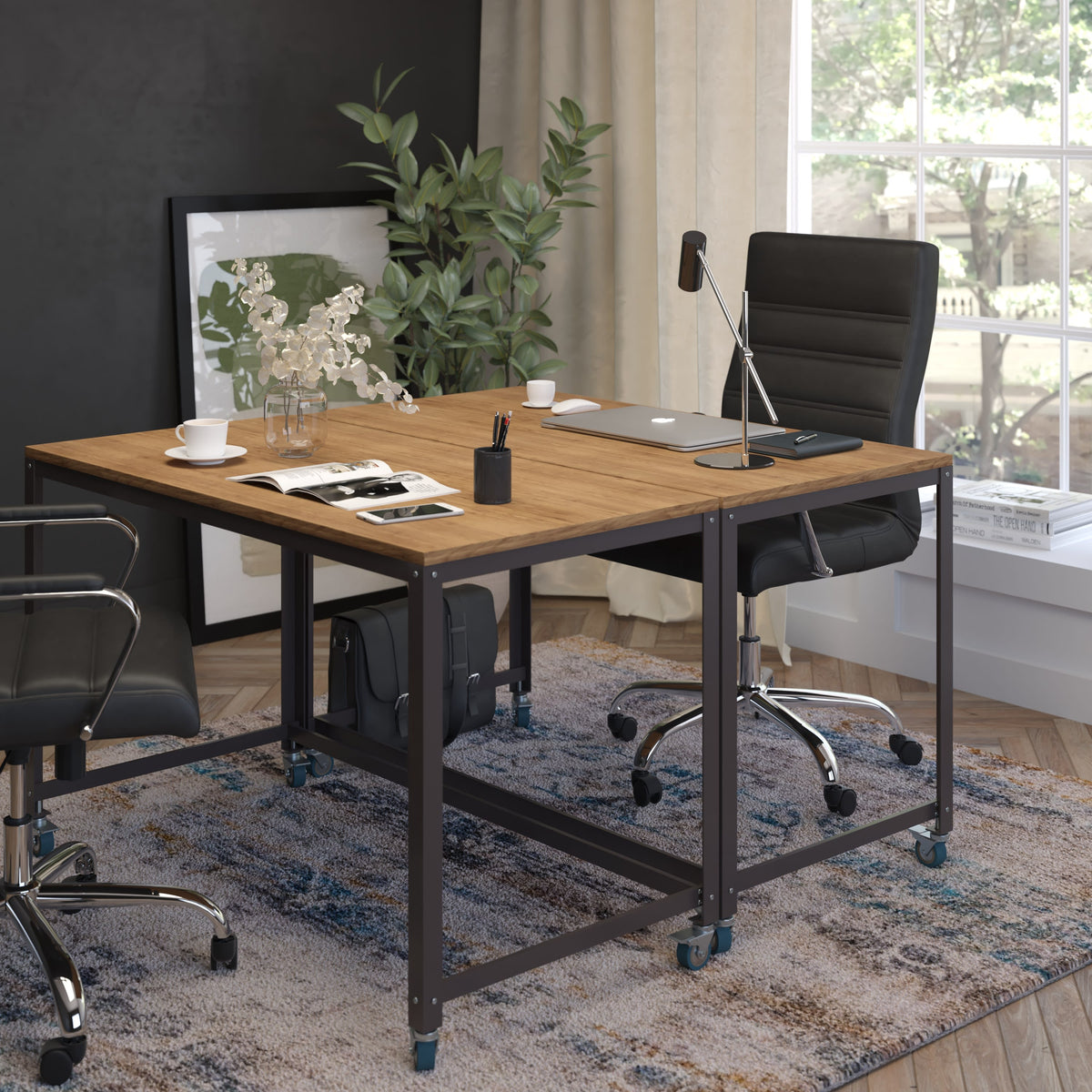 Computer Table and Desk in Brown Oak Wood Grain Finish with Metal Wheels