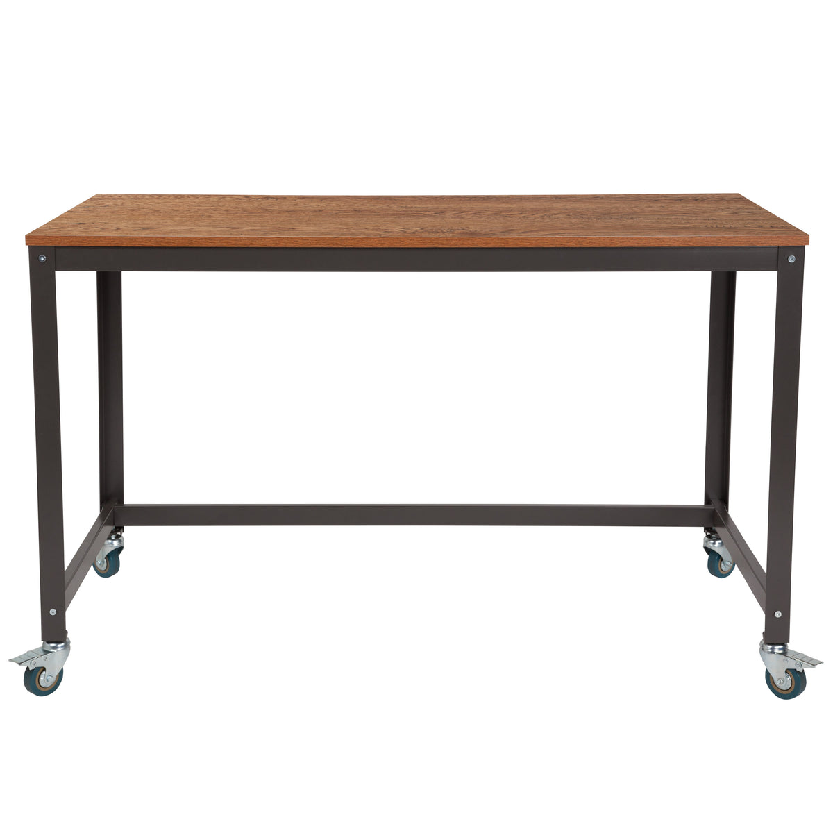 Computer Table and Desk in Brown Oak Wood Grain Finish with Metal Wheels