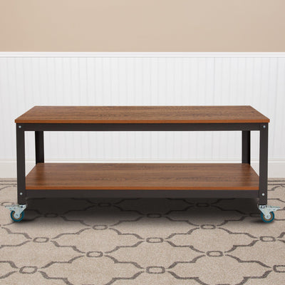 Livingston Collection TV Stand in Wood Grain Finish with Metal Wheels - View 2