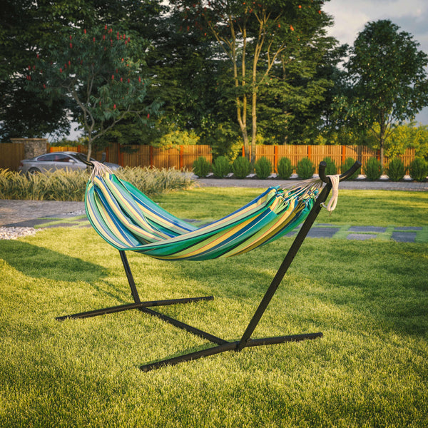 Blue Multi |#| 2 Person Cotton Hammock with All-Weather Heavy Duty Stand-Blue Multicolor