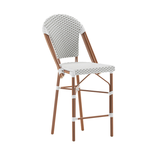 White & Gray/Natural Frame |#| All-Weather Commercial Paris 26" Stool with Bamboo Print Metal Frame-White/Gray