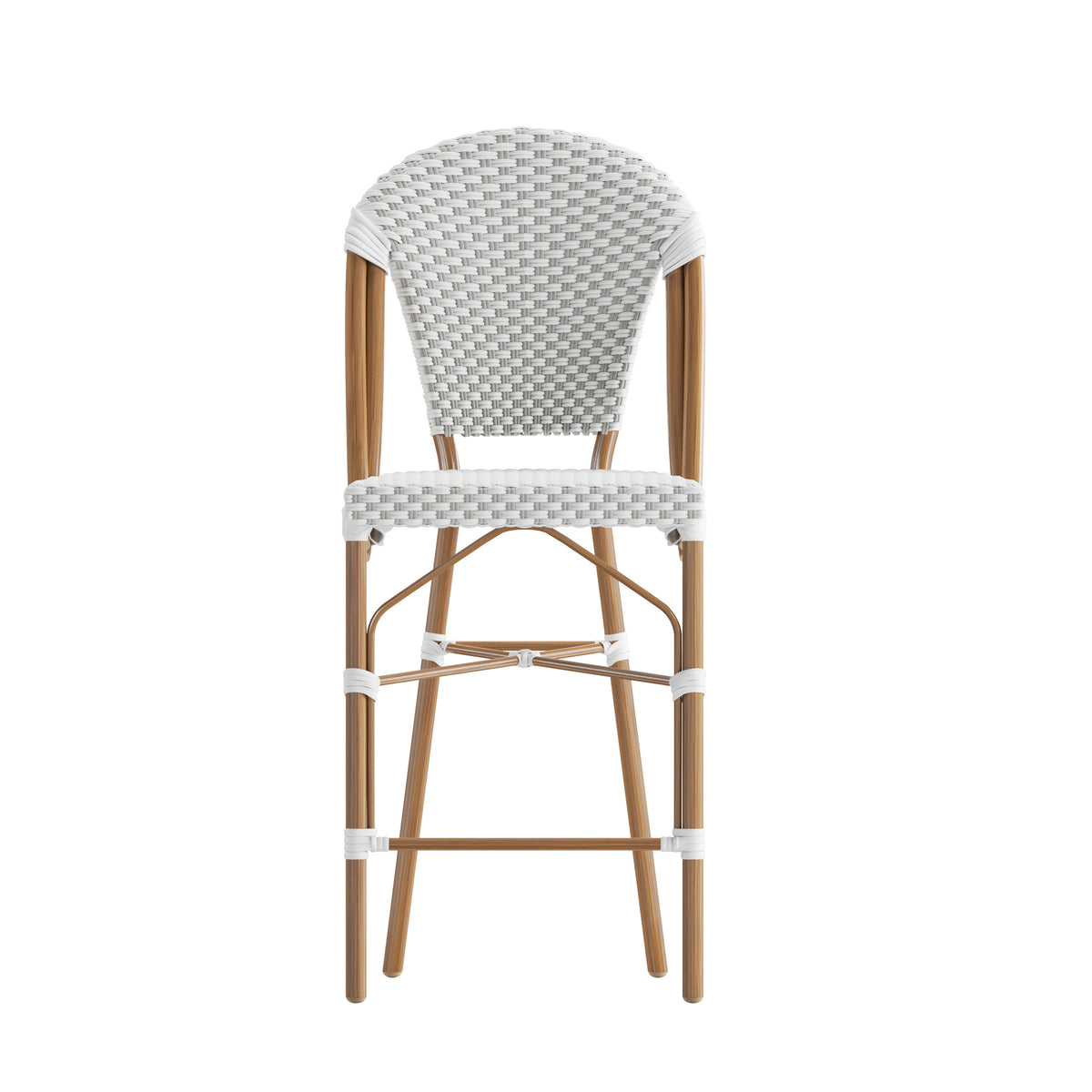 White & Gray/Natural Frame |#| All-Weather Commercial Paris 26" Stool with Bamboo Print Metal Frame-White/Gray
