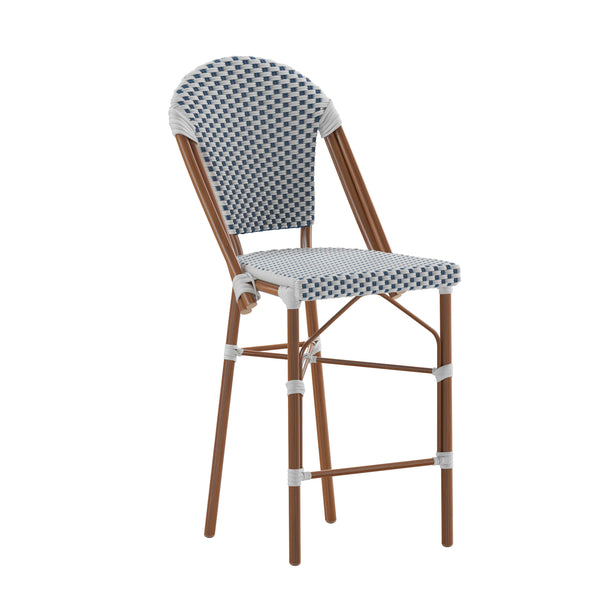 White & Navy/Natural Frame |#| All-Weather Commercial Paris Chair with Bamboo Print Metal Frame-White/Navy