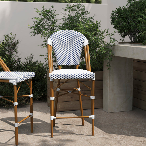 White & Navy/Natural Frame |#| All-Weather Commercial Paris Chair with Bamboo Print Metal Frame-White/Navy