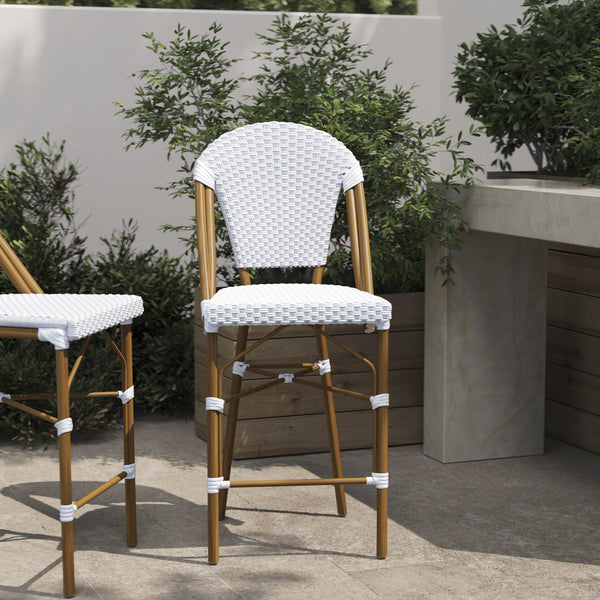 White & Gray/Natural Frame |#| All-Weather Commercial Paris 26" Stool with Bamboo Print Metal Frame-White/Gray