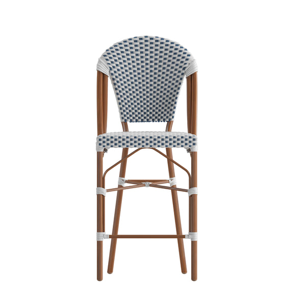 White & Navy/Natural Frame |#| All-Weather Commercial Paris Chair with Bamboo Print Metal Frame-White/Navy