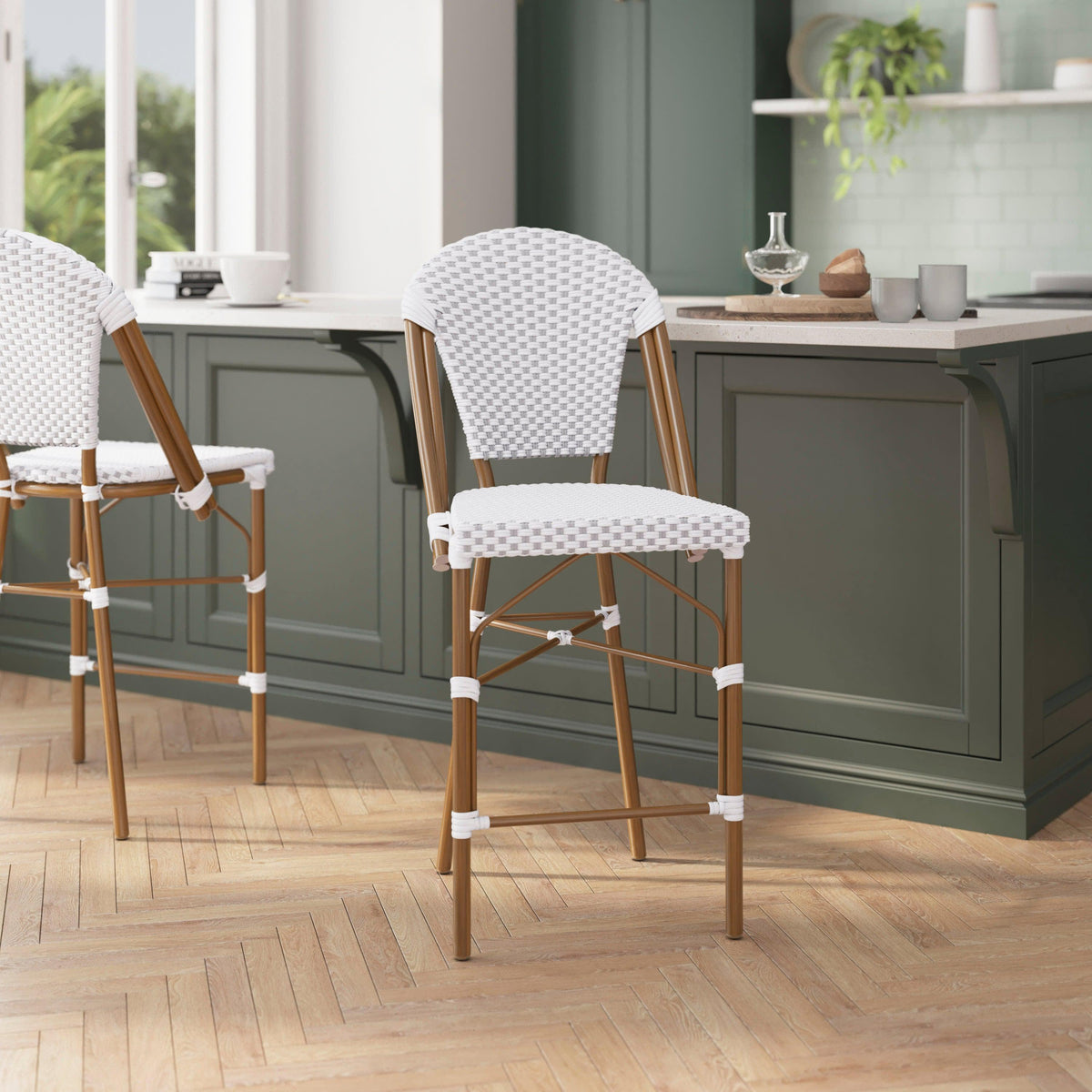White & Gray/Natural Frame |#| All-Weather Commercial Paris 26" Stool with Bamboo Print Metal Frame-White/Gray