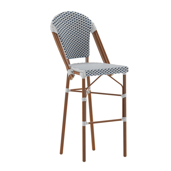 White & Navy/Natural Frame |#| All-Weather Commercial Paris Chair with Bamboo Print Metal Frame-White/Navy