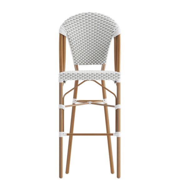 White & Gray/Natural Frame |#| All-Weather Commercial Paris 30" Stool with Bamboo Print Metal Frame-White/Gray
