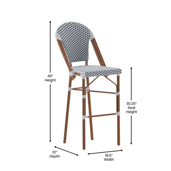 White & Navy/Natural Frame |#| All-Weather Commercial Paris Chair with Bamboo Print Metal Frame-White/Navy