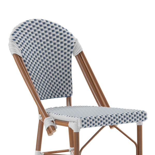 White & Navy/Natural Frame |#| All-Weather Commercial Paris Chair with Bamboo Print Metal Frame-White/Navy