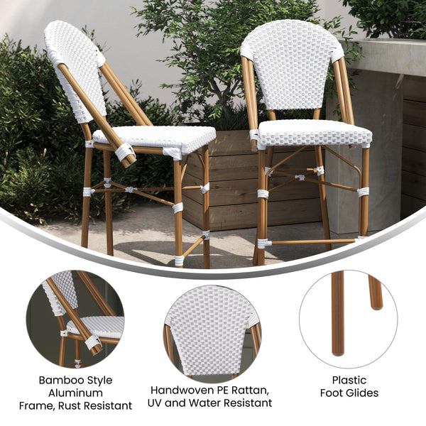White & Gray/Natural Frame |#| All-Weather Commercial Paris 26inch Stool with Bamboo Print Metal Frame-White/Gray