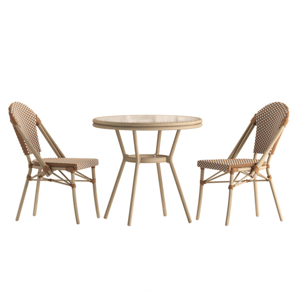Natural & White Rattan/Light Natural Frame |#| Indoor/Outdoor Commercial Bistro Set with Table and Two Chairs in Nat/Wht
