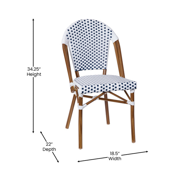 White & Navy Rattan/Natural Frame |#| Indoor/Outdoor Commercial Bistro Set with Table and 2 Chairs in Wht/Navy