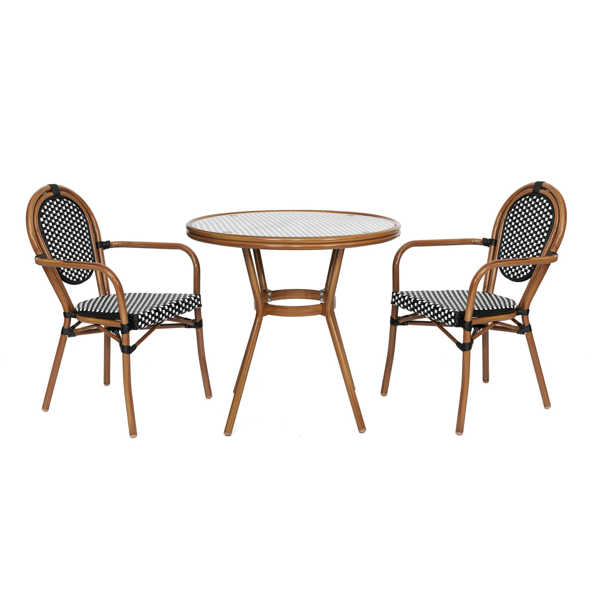 Indoor/Outdoor Commercial Bistro Set with Table and 2 Chairs in Blk/Wht