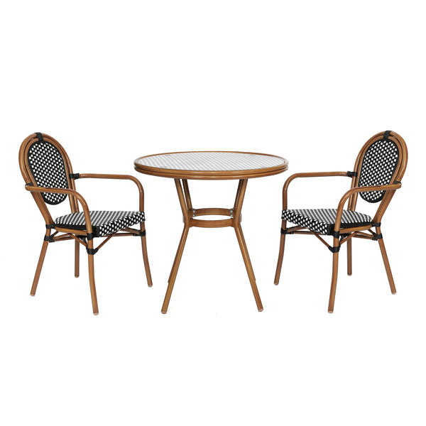 Indoor/Outdoor Commercial Bistro Set with Table and 2 Chairs in Blk/Wht