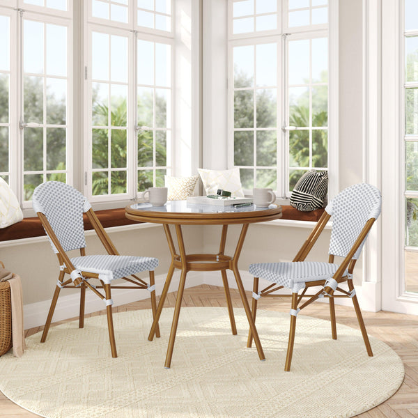White & Gray Rattan/Natural Frame |#| Indoor/Outdoor Commercial Bistro Set with Table and 2 Chairs in Wht/Gray