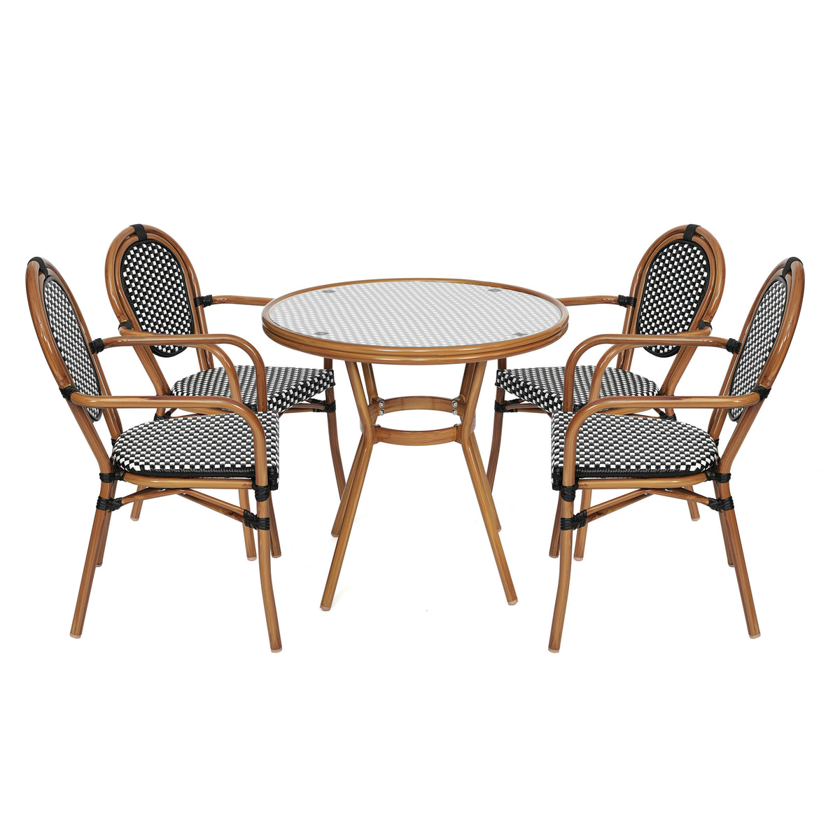 Indoor/Outdoor Commercial Bistro Set with Table and 4 Chairs in Blk/Wht
