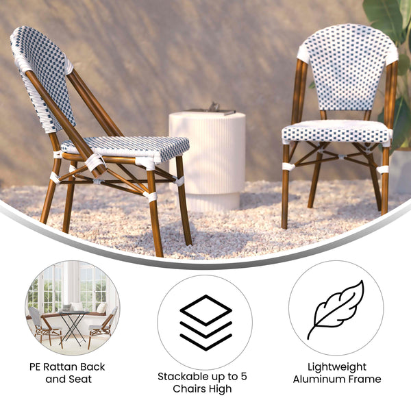 White & Navy/Natural Frame |#| All-Weather Commercial Paris Chair with Bamboo Print Aluminum Frame-White/Navy