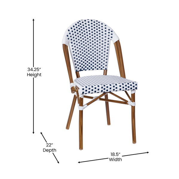White & Navy/Natural Frame |#| All-Weather Commercial Paris Chair with Bamboo Print Aluminum Frame-White/Navy