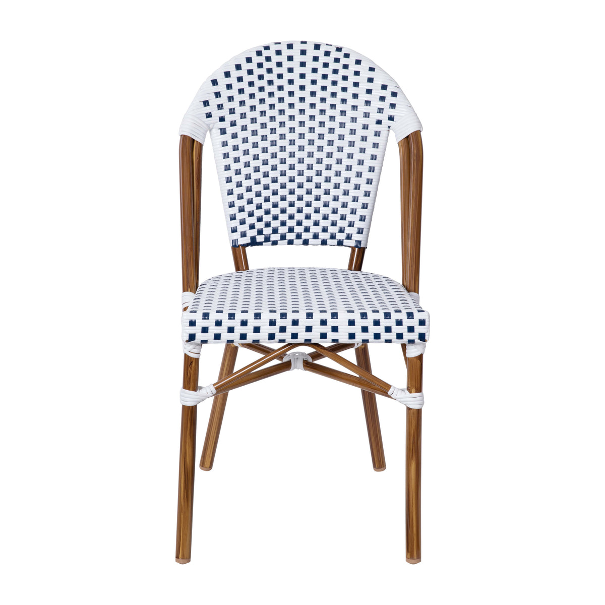 White & Navy/Natural Frame |#| All-Weather Commercial Paris Chair with Bamboo Print Aluminum Frame-White/Navy