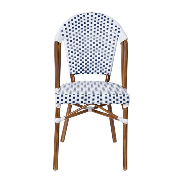 White & Navy/Natural Frame |#| All-Weather Commercial Paris Chair with Bamboo Print Aluminum Frame-White/Navy