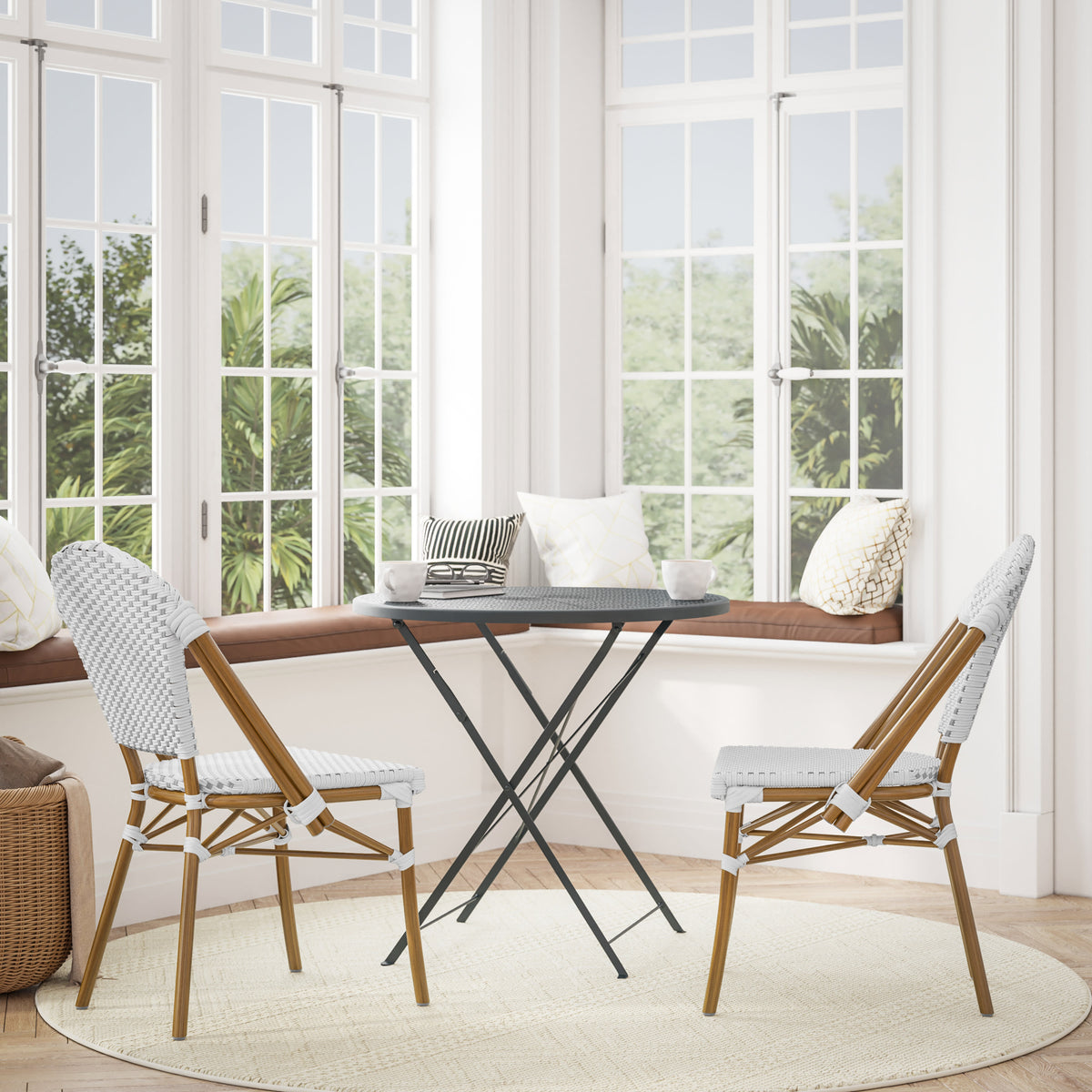 White & Gray/Natural Frame |#| All-Weather Commercial Paris Chair with Bamboo Print Aluminum Frame-White/Gray