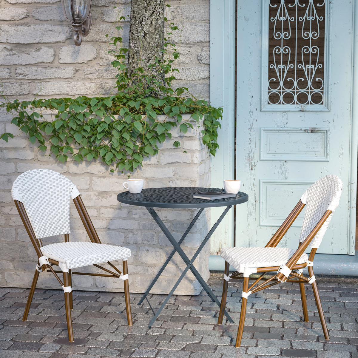 White & Gray/Natural Frame |#| All-Weather Commercial Paris Chair with Bamboo Print Aluminum Frame-White/Gray