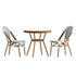 Lourdes Indoor/Outdoor Commercial French Bistro 31.5" Table, PE Rattan, Glass Top with 2 Stack Chairs