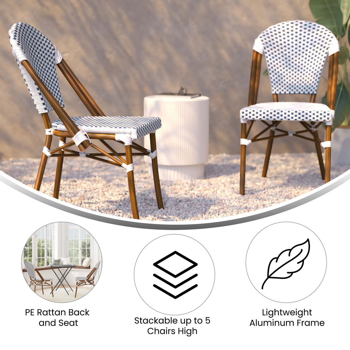 White & Navy/Natural Frame |#| All-Weather Commercial Paris Chair with Bamboo Print Aluminum Frame-White/Navy