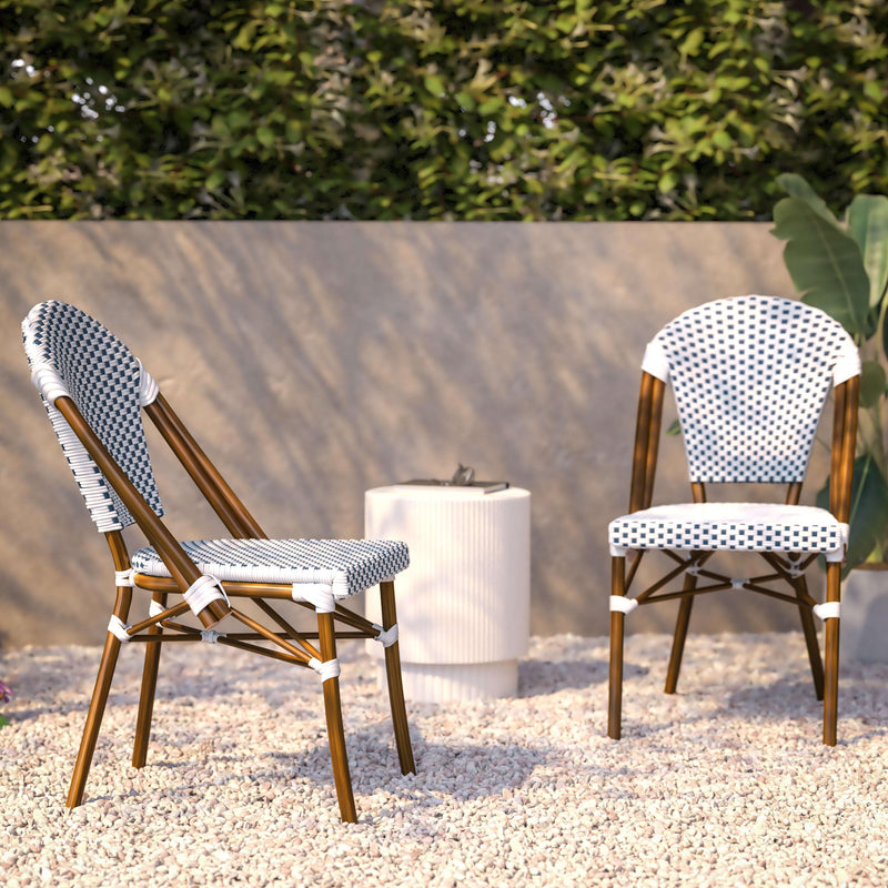 White & Navy/Natural Frame |#| All-Weather Commercial Paris Chair with Bamboo Print Aluminum Frame-White/Navy