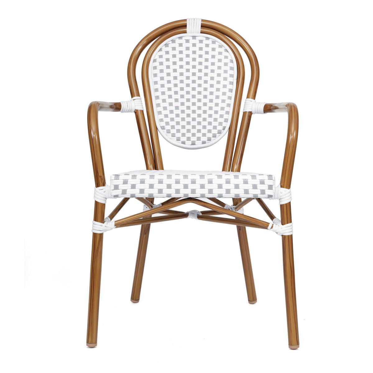 White & Gray/Natural Frame |#| All-Weather Commercial Paris Chair with Bamboo Print Metal Frame-White/Gray
