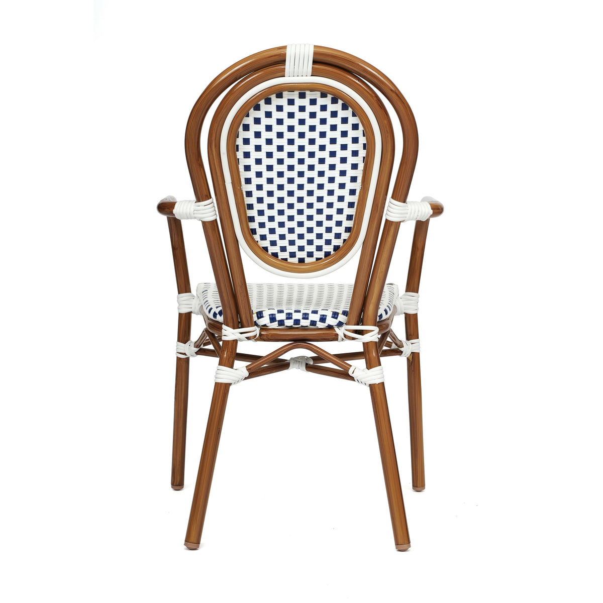 White & Navy/Natural Frame |#| All-Weather Commercial Paris Chair with Bamboo Print Metal Frame-White/Navy