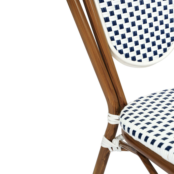 White & Navy/Natural Frame |#| All-Weather Commercial Paris Chair with Bamboo Print Metal Frame-White/Navy