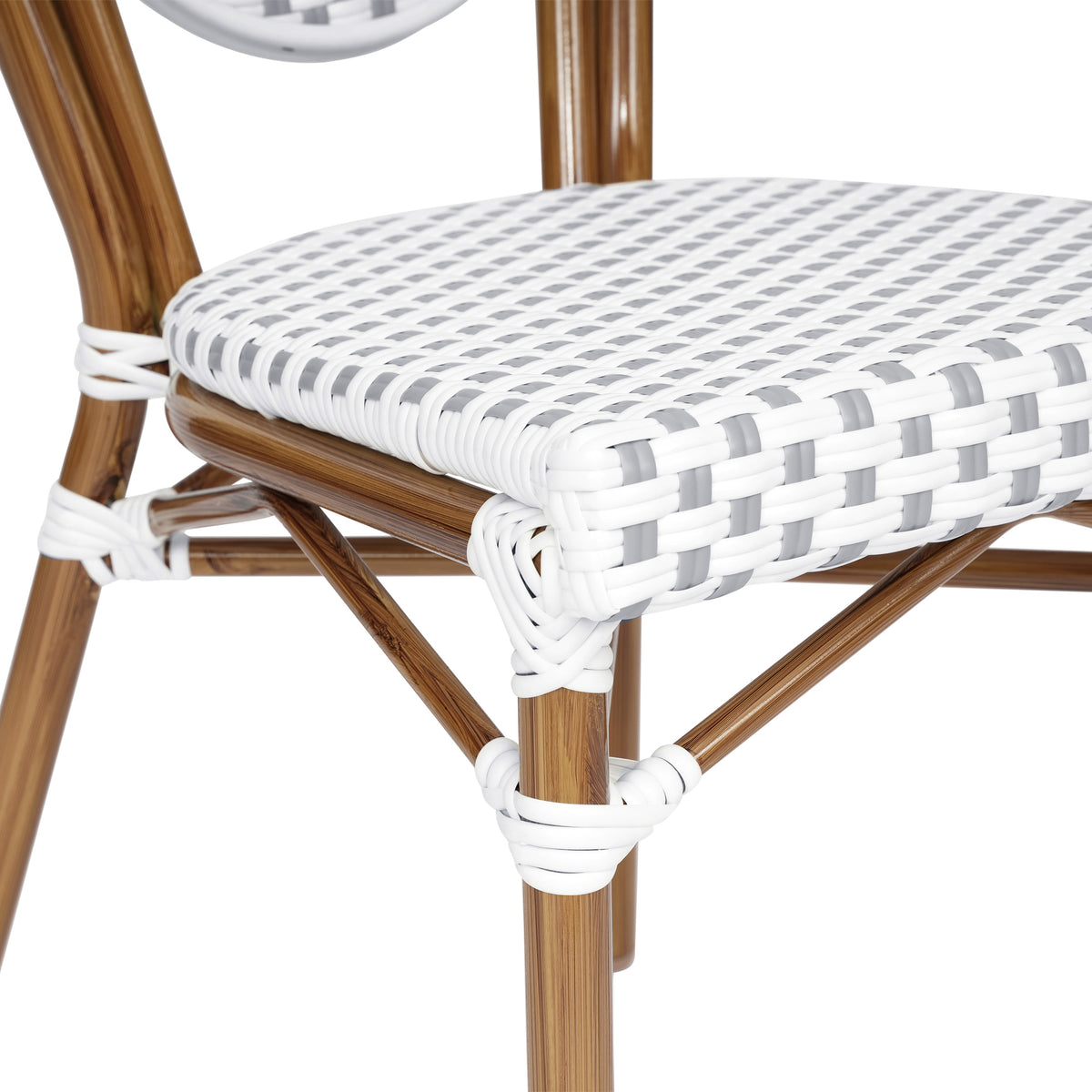 White & Gray/Natural Frame |#| All-Weather Commercial Paris Chair with Bamboo Print Metal Frame-Natural/White