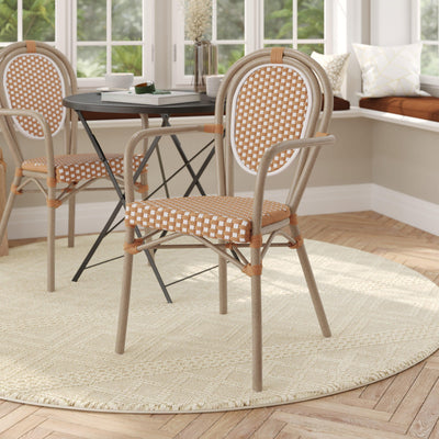 Lourdes Indoor/Outdoor Commercial Thonet French Bistro Stacking Chair with Arms, PE Rattan and Aluminum Frame