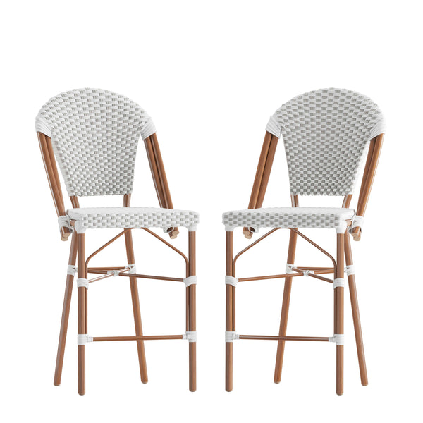 White & Gray/Natural Frame |#| 2 Pack All-Weather Commercial Paris Stools with Bamboo Print Frame-White/Gray